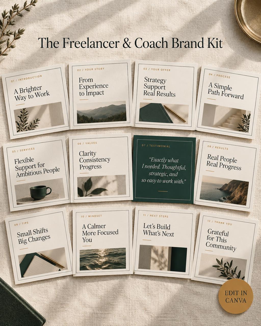 Preview of the The Freelancer & Coach Brand Kit Canva template pack